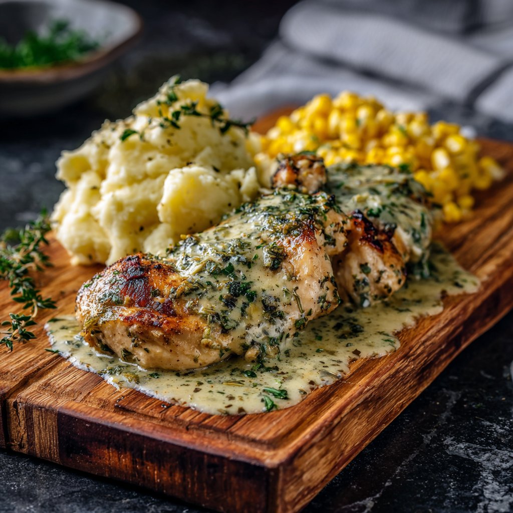 Creamy Herb Chicken with Mashed Potatoes and Buttered Corn