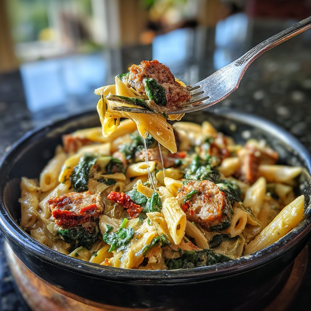 One Pot Cajun Sausage Pasta with Spinach and Artichokes