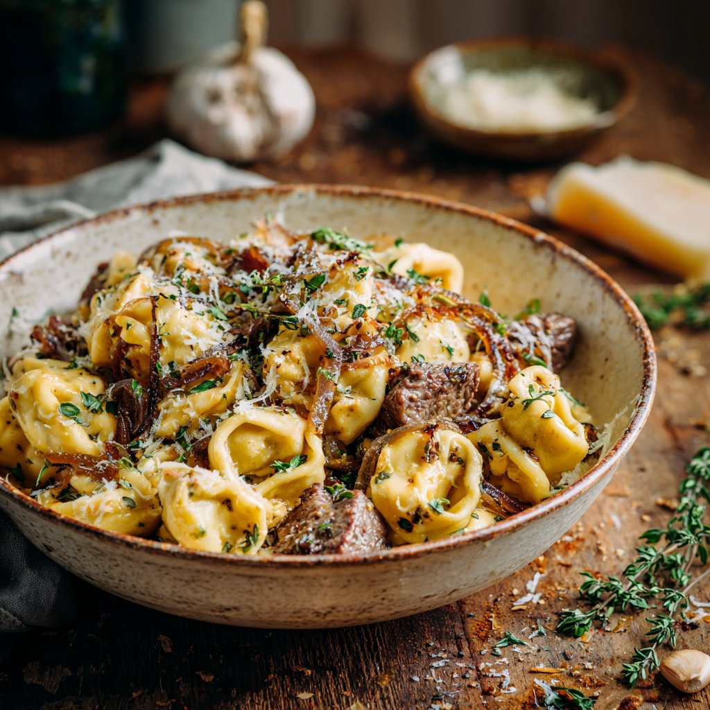 Garlic Steak Tortellini with Caramelized Onions
